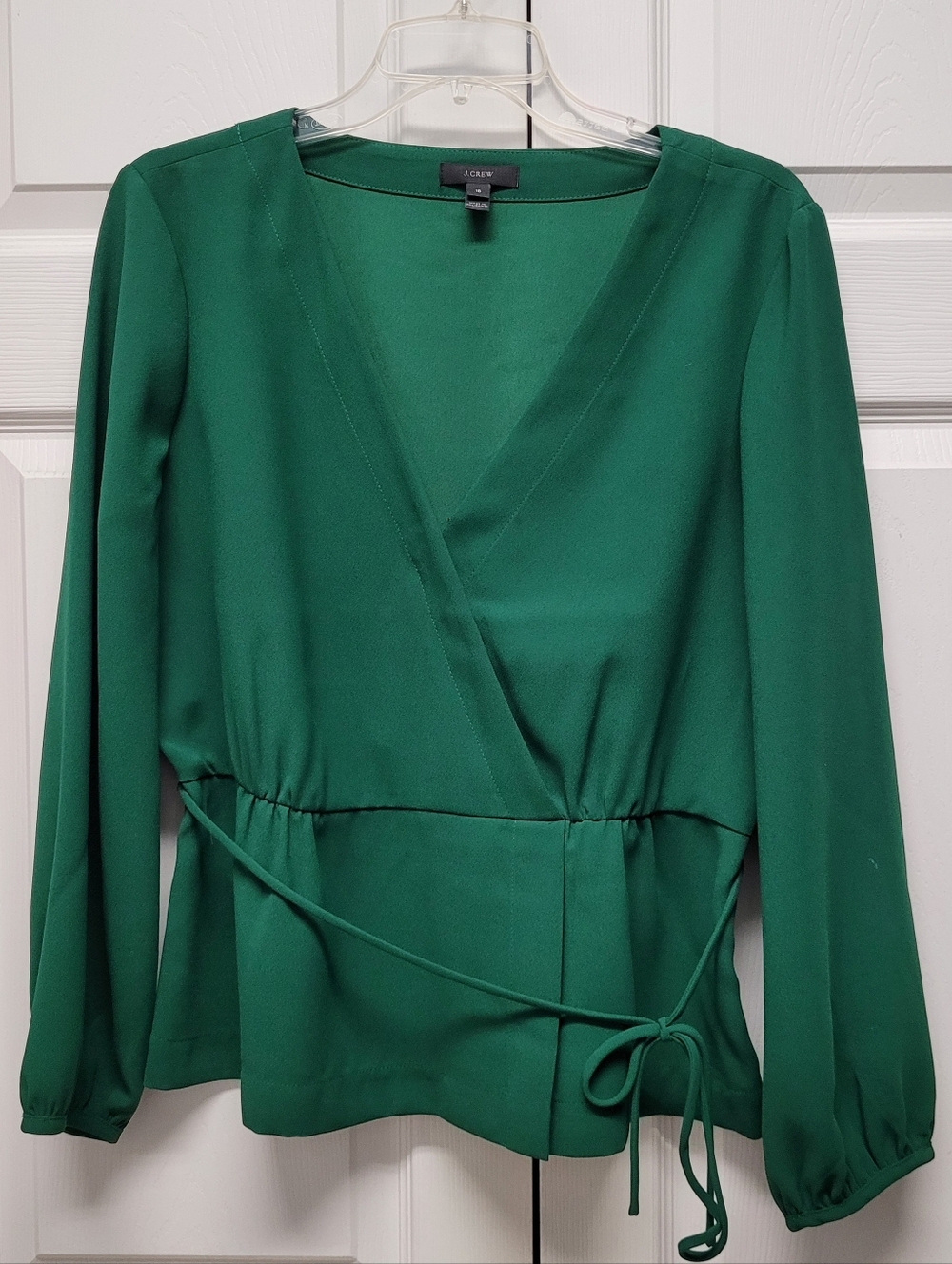 J. Crew Green Faux Wrap Top with Tie Waist